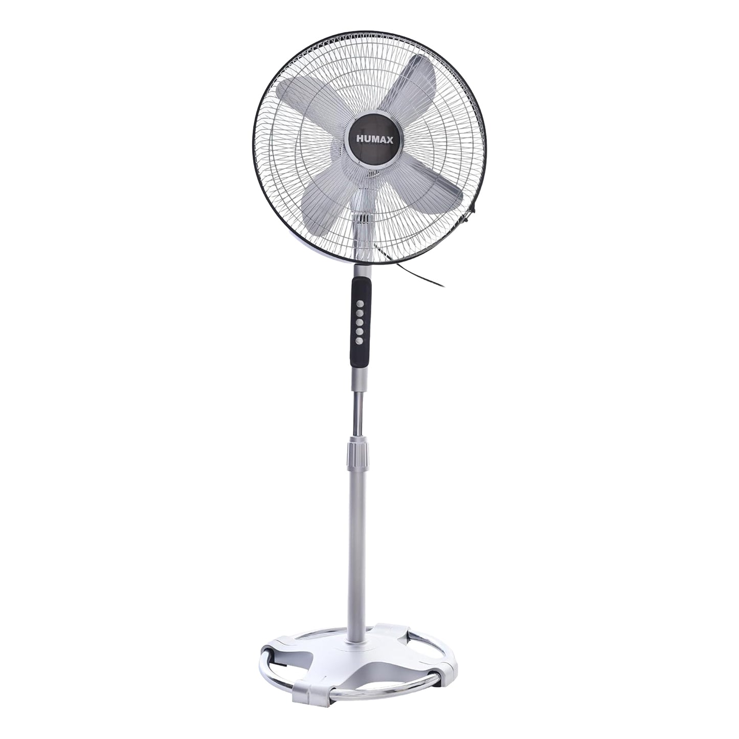 Humax Stand Fan 16 Inches metal base powerful motor Added 4 aluminum metal blades for greater air flow nickel chrome grille - Silver