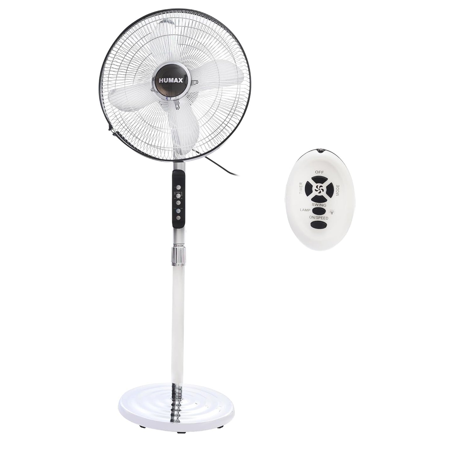 Humax Stand Fan 16 Inches metal base powerful motor Added 4 aluminum metal blades for greater air flow nickel chrome grille - Silver With Remote